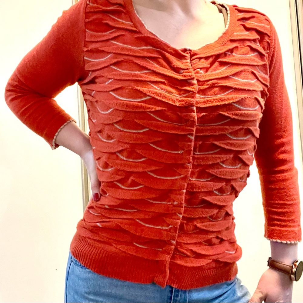 Anthropologie Little Yellow Bird Winter Waves Orange Cardigan Snap Front Sweater - Picture 2 of 11